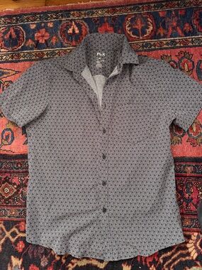 FLX Men's Short Sleeve Casual Button-Down Shirt in Black/Gray Geo